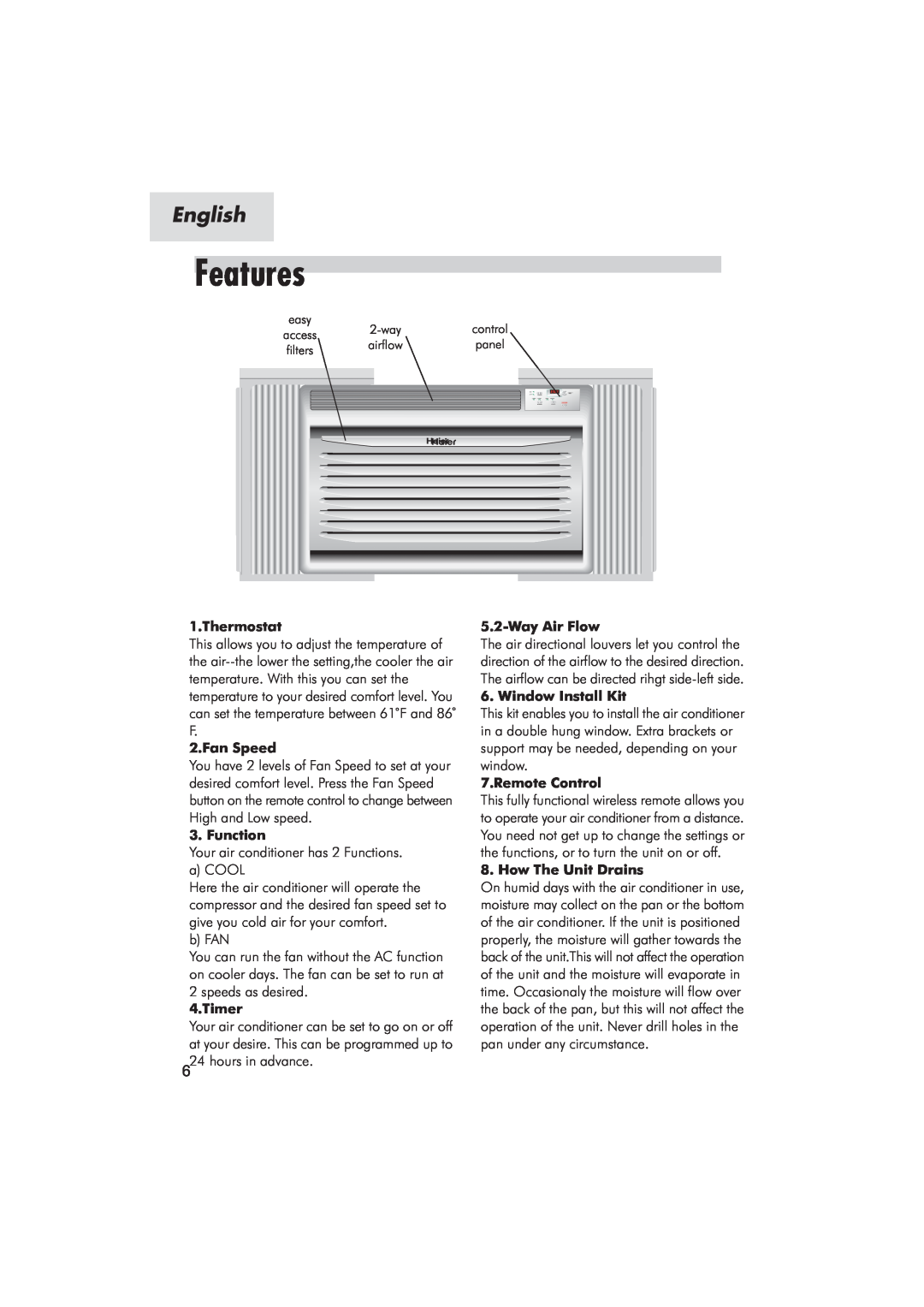 Haier HWR05XCJ manual Thermostat, Fan Speed, Function, Timer, WayAir Flow, Window Install Kit, Remote Control 