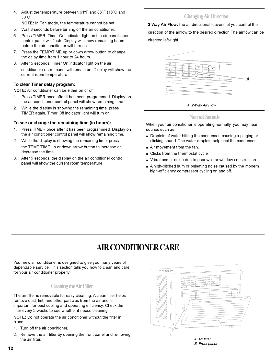 Haier HWR06XCJ, 0010518358 manual Airconditionercare, ChangingAirDirection, NormalSounds, CleaningtheAirFilter 