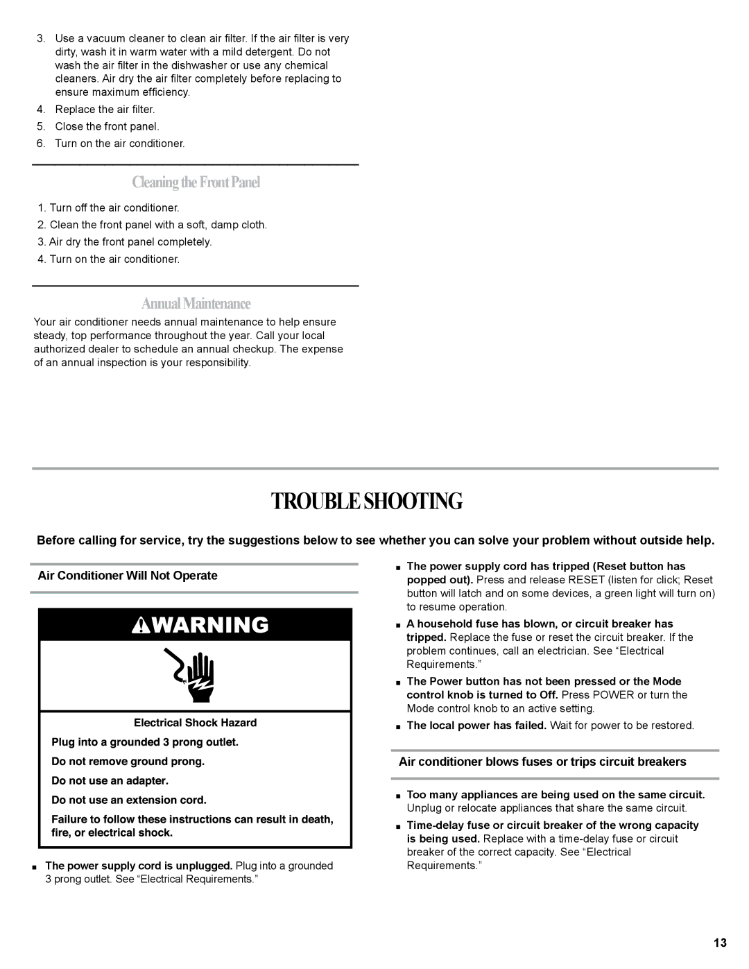 Haier 0010518358, HWR06XCJ manual Troubleshooting, CleaningtheFrontPanel, AnnualMaintenance 