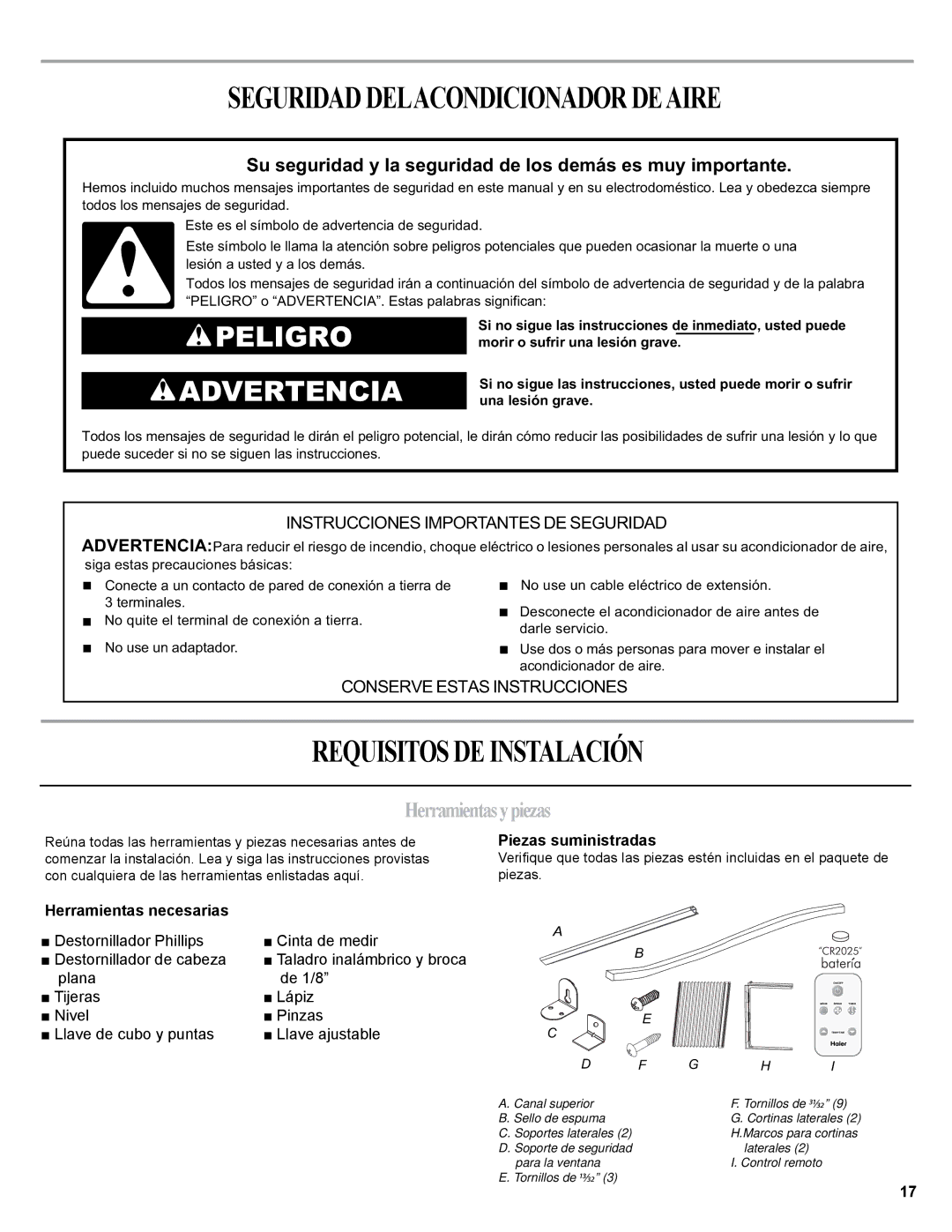 Haier 0010518358 Seguridad Delacondicionador Deaire, Requisitos DE Instalación, Herramientasypiezas, Piezas suministradas 