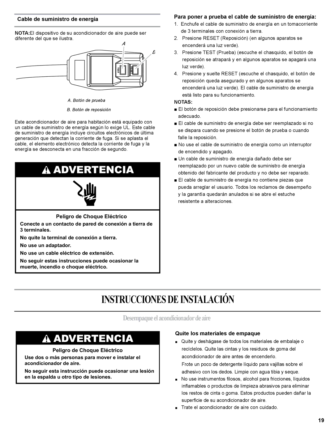 Haier 0010518358, HWR06XCJ Instrucciones DE Instalación, Desempaqueelacondicionadordeaire, Cable de suministro de energía 