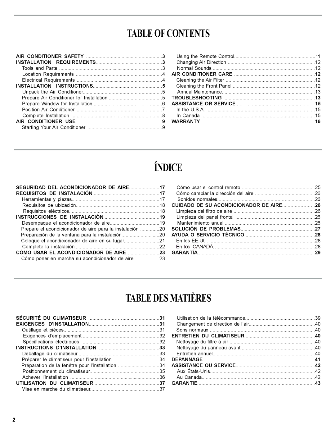 Haier HWR06XCJ, 0010518358 manual Table Ofcontents, Índice, Table DES Matières 