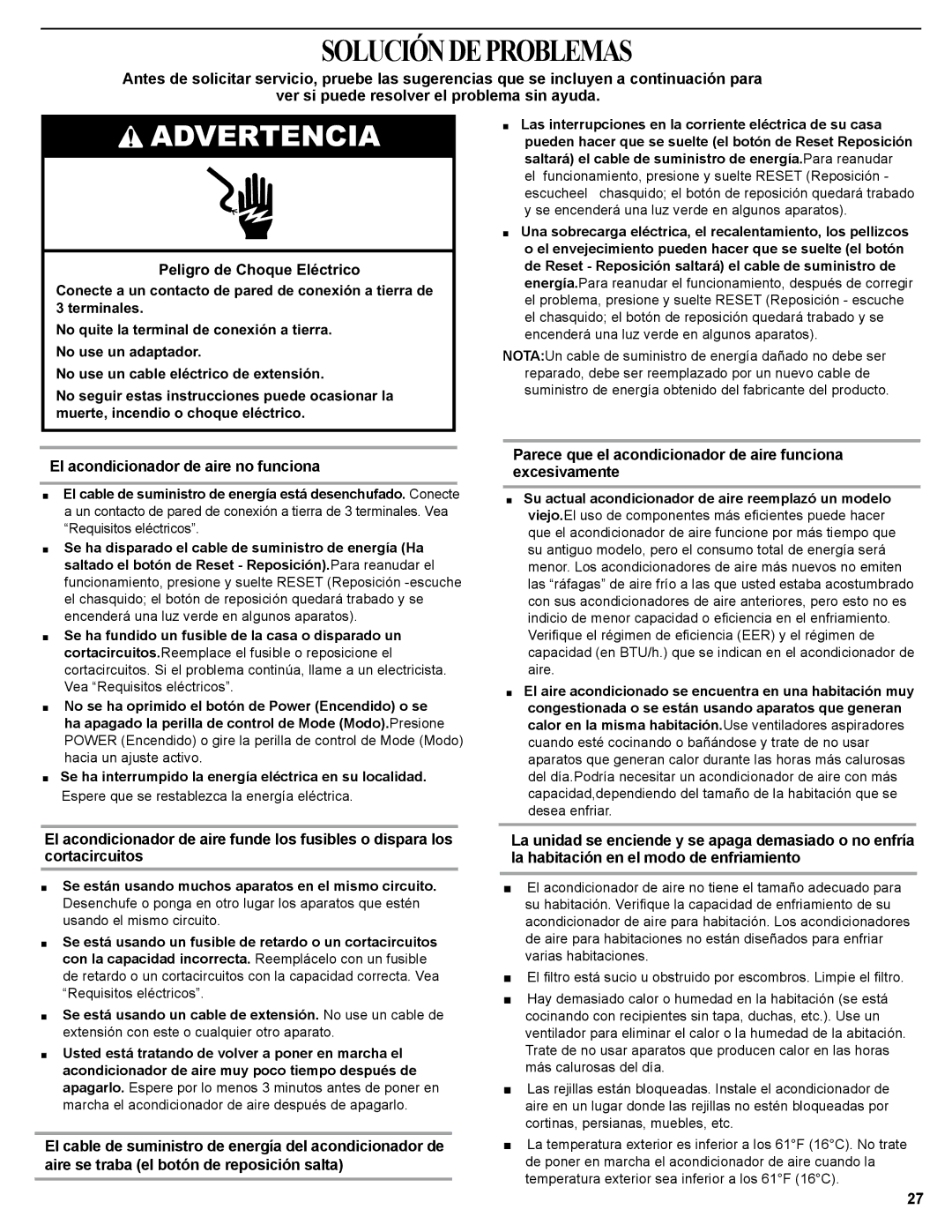 Haier 0010518358, HWR06XCJ manual Solucióndeproblemas, El acondicionador de aire no funciona 