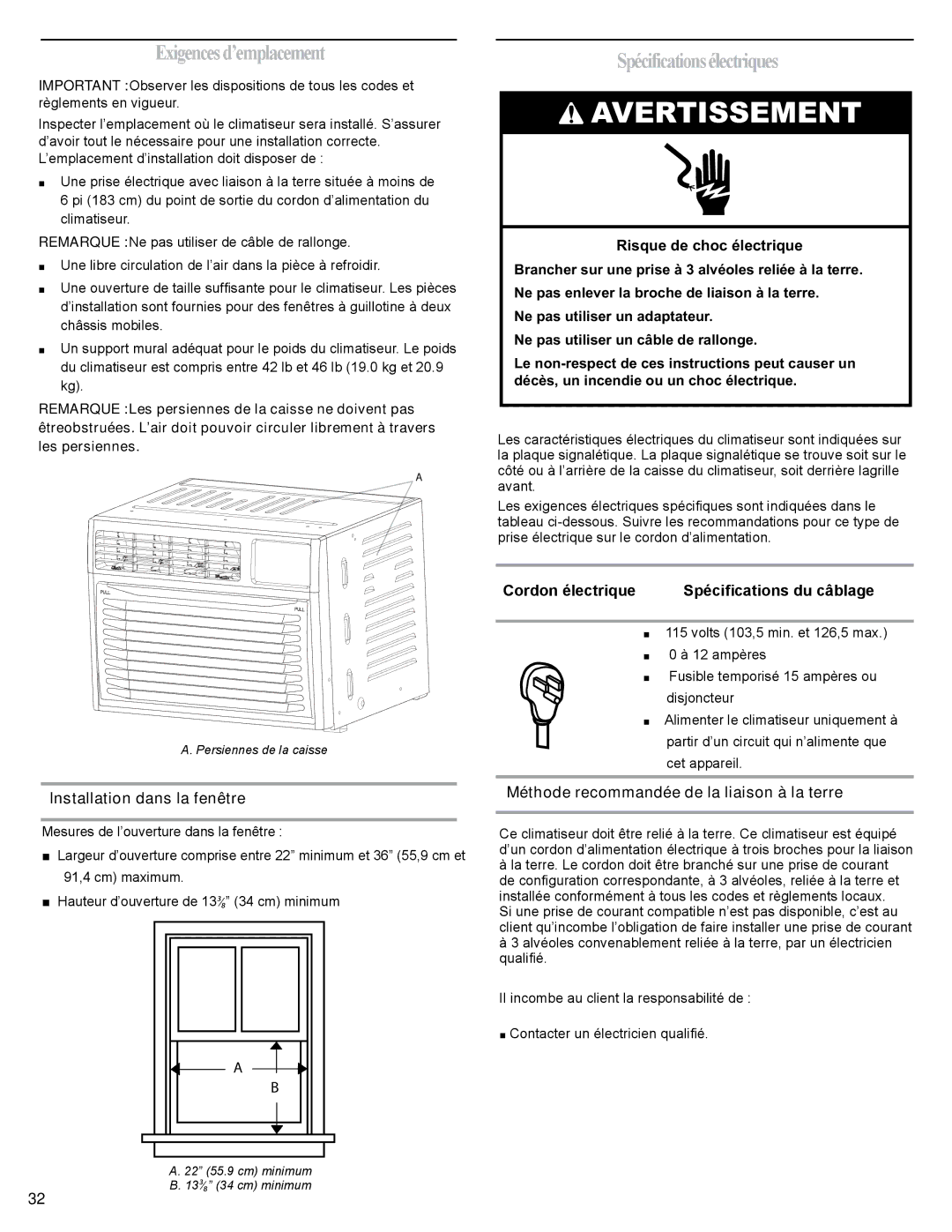 Haier HWR06XCJ, 0010518358 manual Exigencesd’emplacement, Spécificationsélectriques 