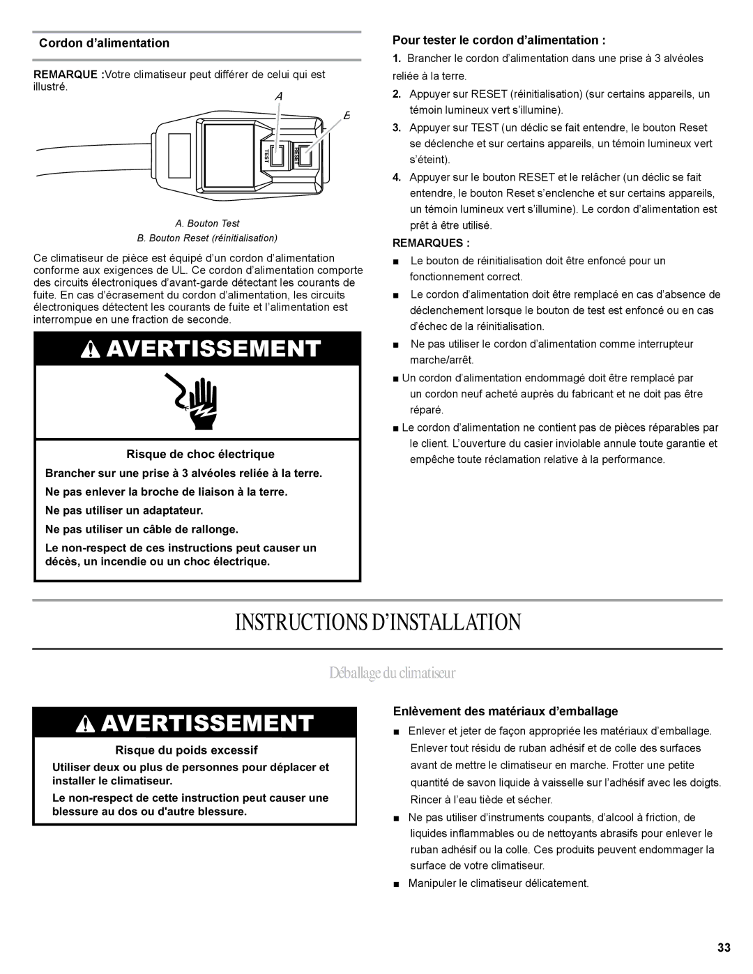 Haier 0010518358, HWR06XCJ manual Instructions D’INSTALLATION, Déballageduclimatiseur 