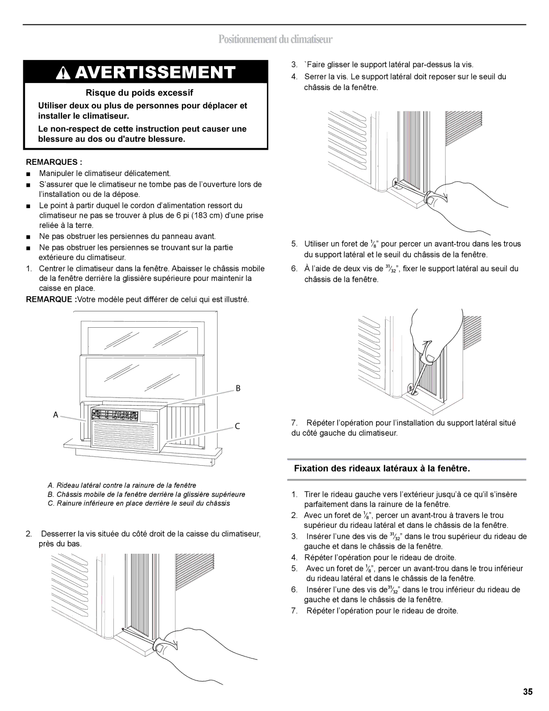 Haier 0010518358, HWR06XCJ manual Positionnementduclimatiseur, Fixation des rideaux latéraux à la fenêtre 