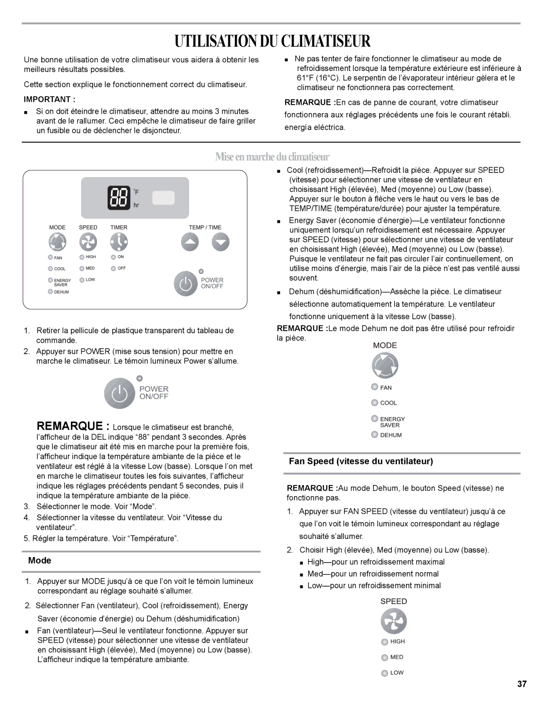 Haier 0010518358, HWR06XCJ manual Utilisation DU Climatiseur, Miseenmarcheduclimatiseur, Fan Speed vitesse du ventilateur 