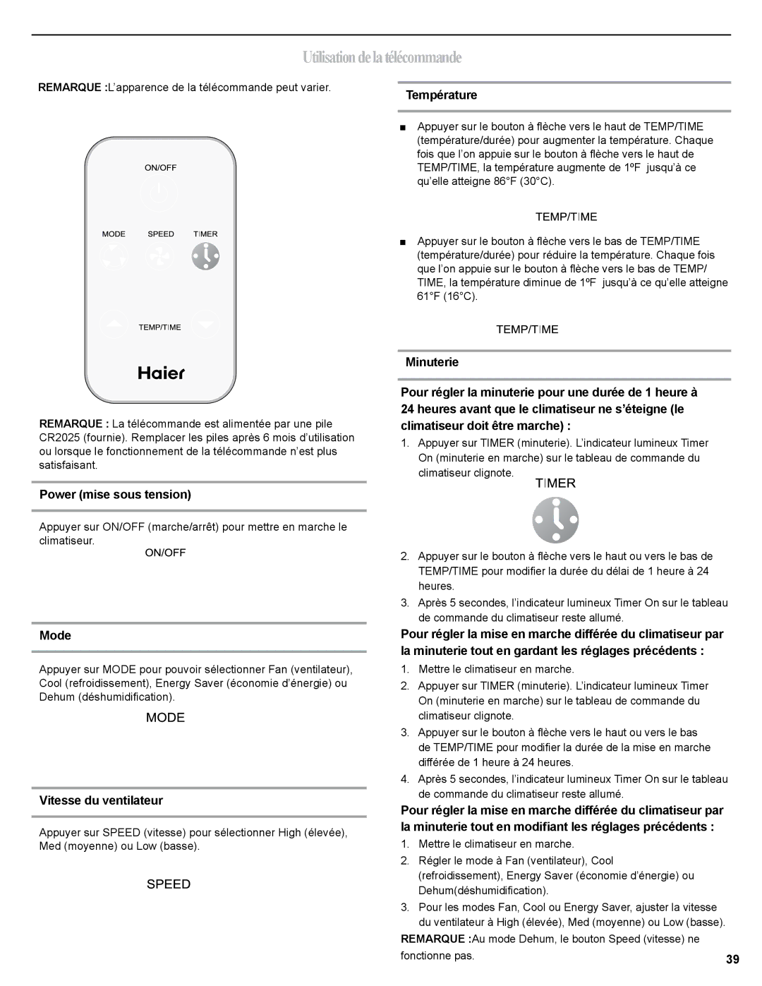 Haier 0010518358, HWR06XCJ manual Utilisationdelatélécommande, Power mise sous tension, Vitesse du ventilateur 