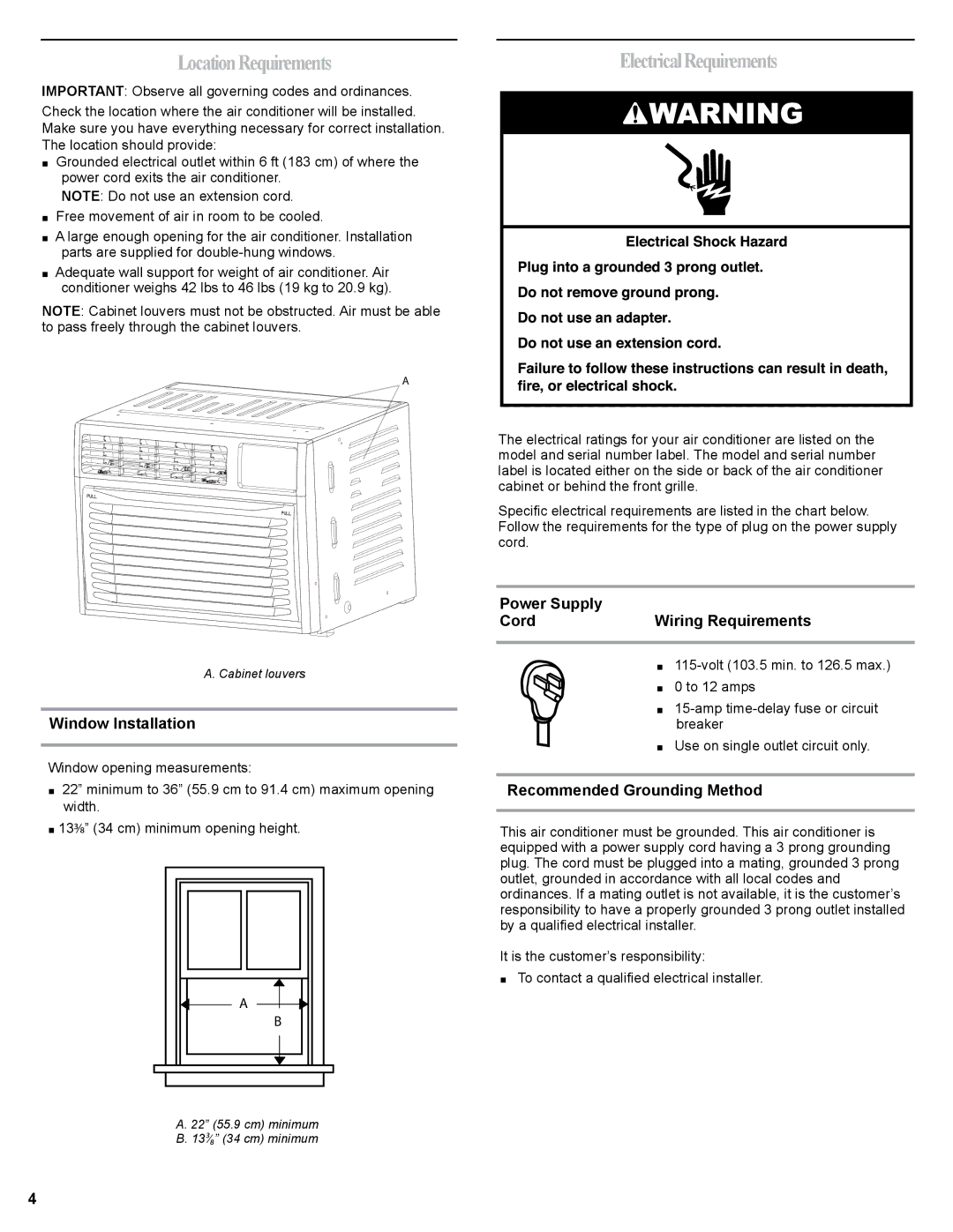 Haier HWR06XCJ LocationRequirements, ElectricalRequirements, Window Installation, Power Supply Wiring Requirements Cord 