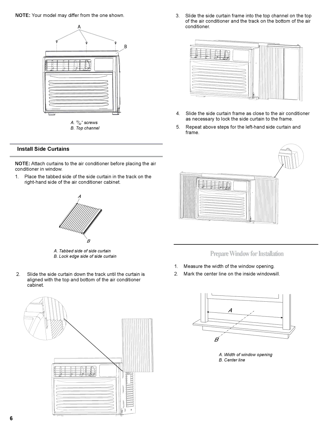 Haier HWR06XCJ, 0010518358 manual PrepareWindowforInstallation, Install Side Curtains 