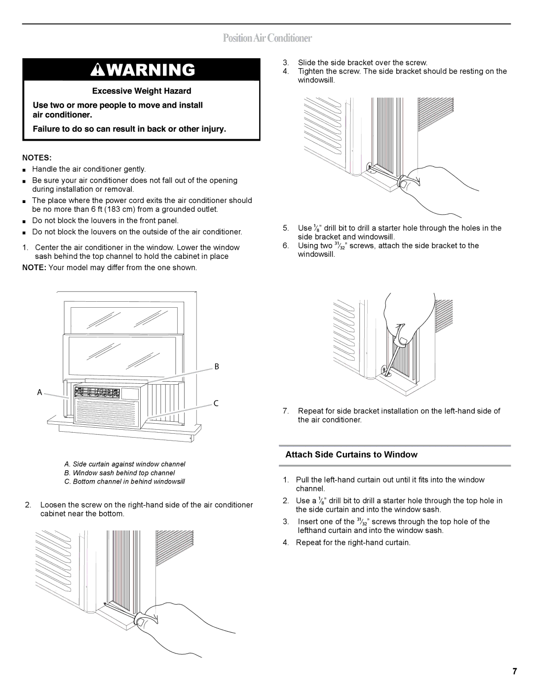 Haier 0010518358, HWR06XCJ manual PositionAirConditioner, Attach Side Curtains to Window 