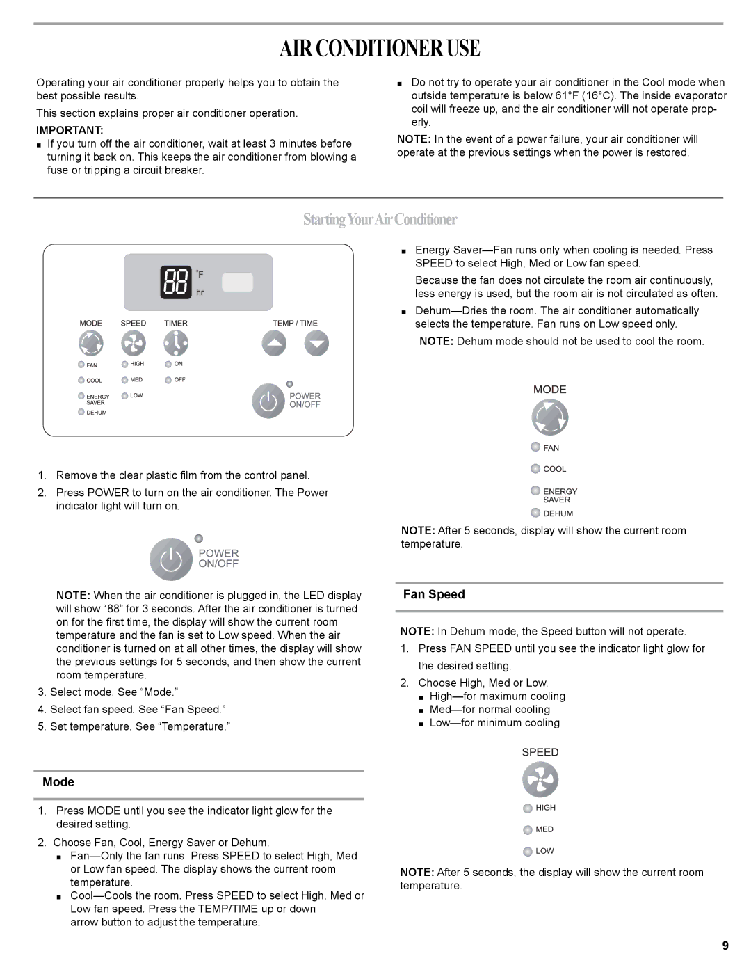 Haier 0010518358, HWR06XCJ manual AIR Conditioner USE, StartingYourAirConditioner, Fan Speed, Mode 