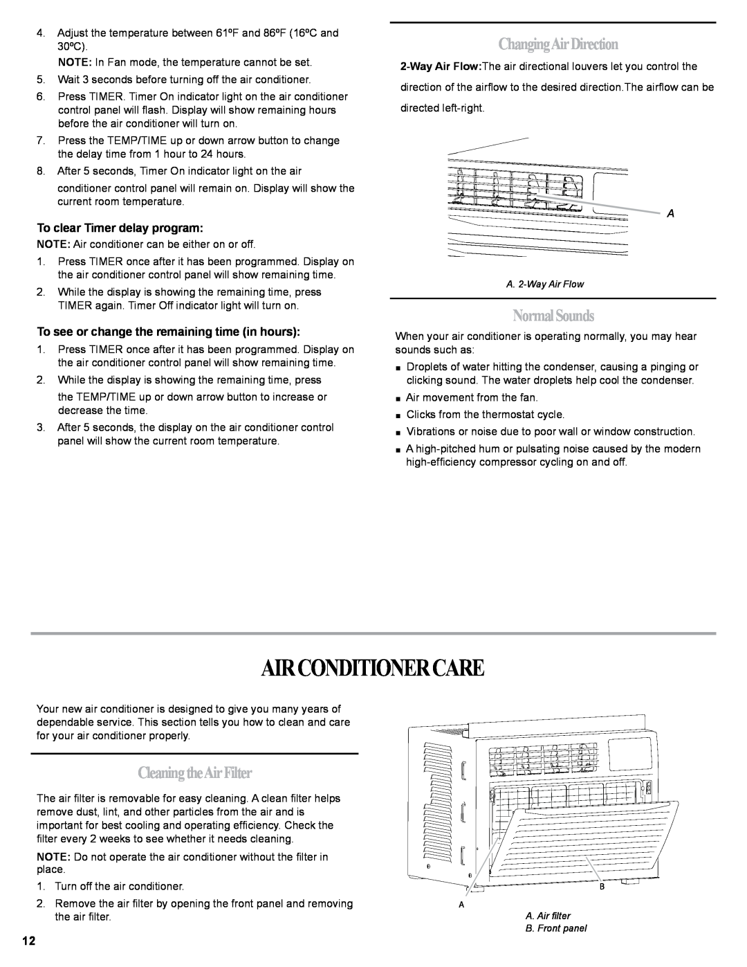 Haier HWR06XCJ Airconditionercare, ChangingAirDirection, NormalSounds, CleaningtheAirFilter, To clear Timer delay program 