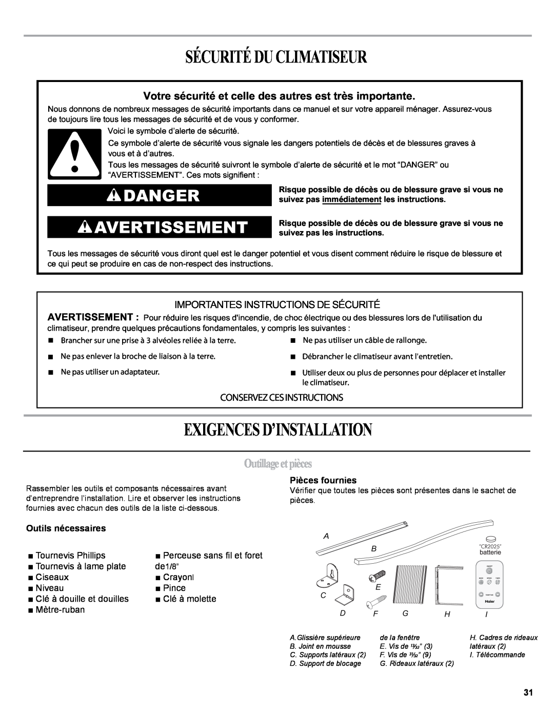 Haier 0010518358, HWR06XCJ manual Sécurité Du Climatiseur, Exigences D’Installation, Danger Avertissement, Outillageetpièces 