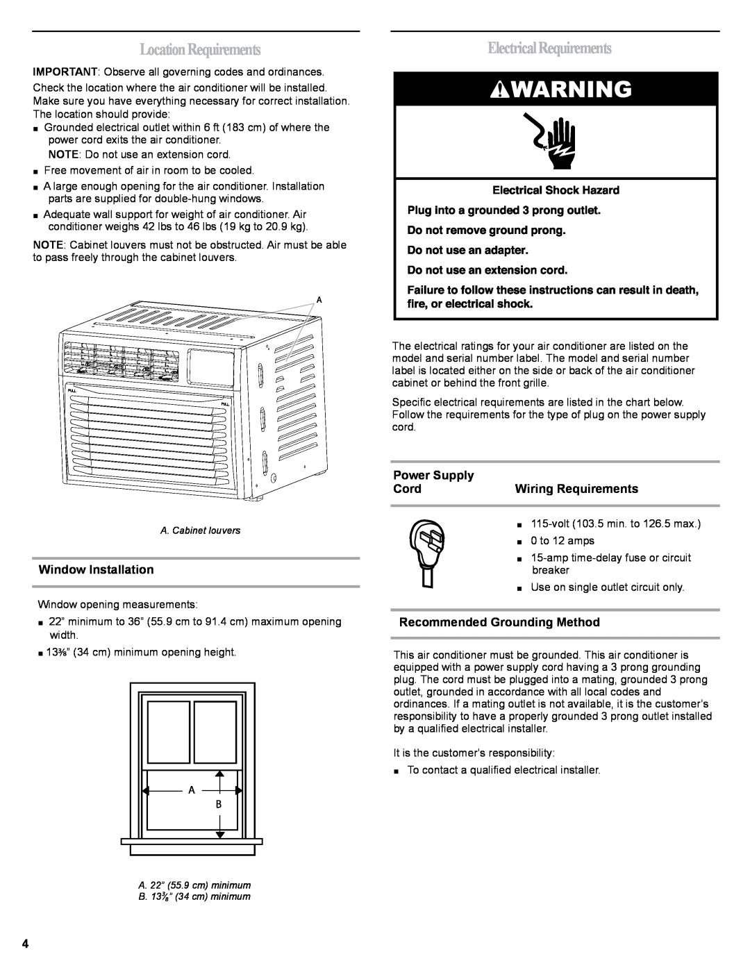 Haier HWR06XCJ LocationRequirements, ElectricalRequirements, Window Installation, Power Supply, Wiring Requirements, Cord 