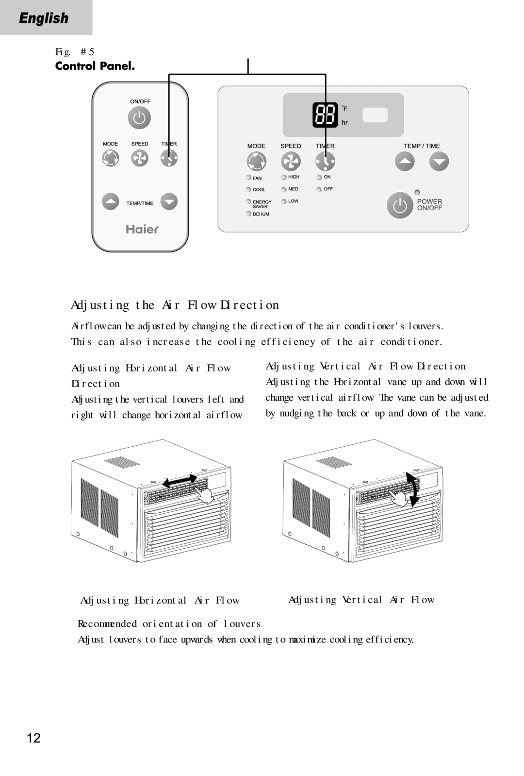 Haier HWR18VC5 manual Adjusting the Air Flow Direction 