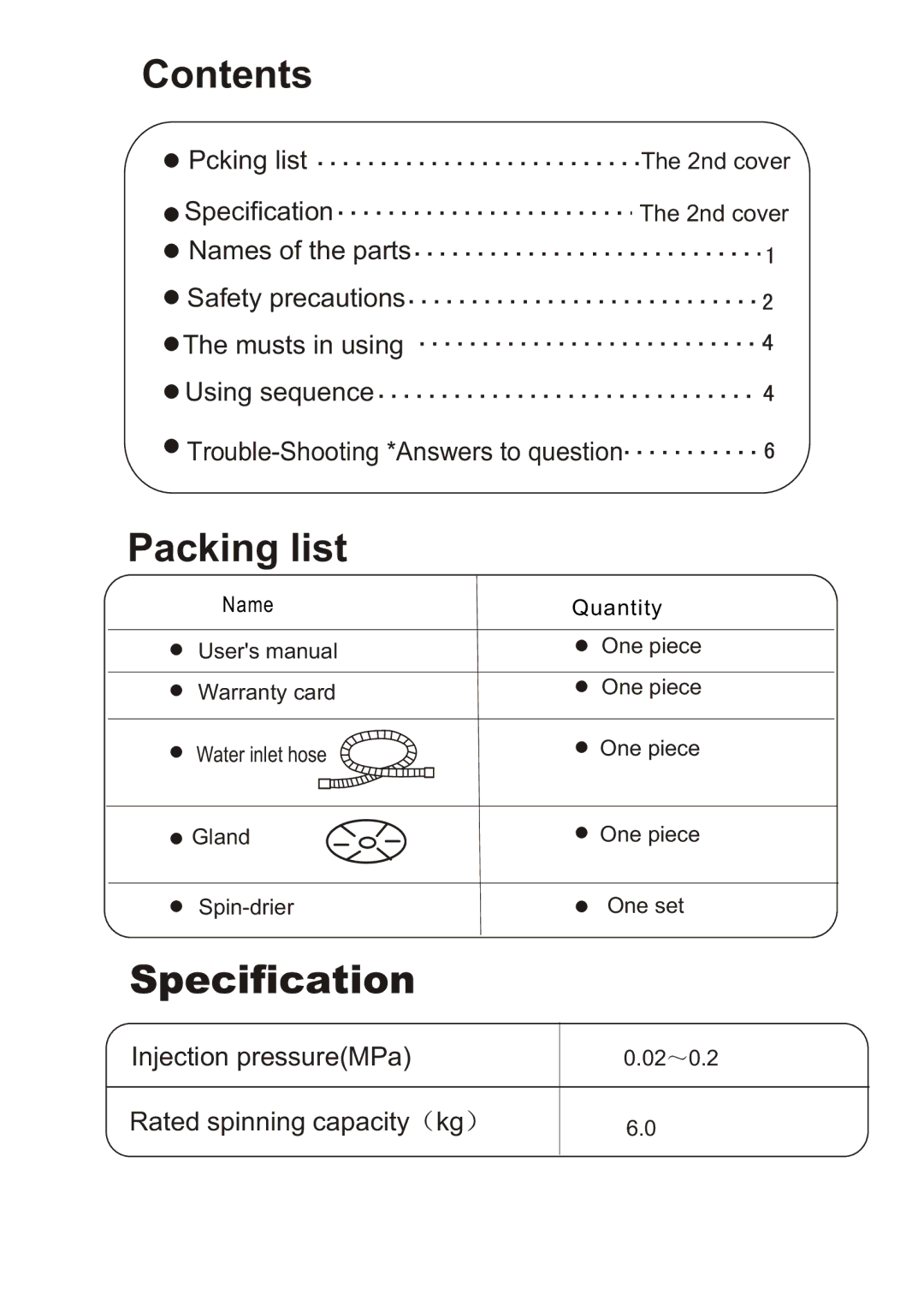 Haier HWS60-50, HWS60-40 user manual Contents, Packing list, Specification 