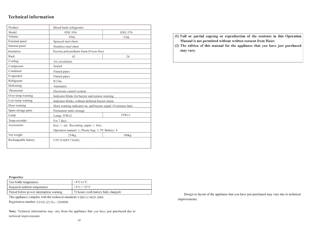 Haier HXC-936/576 operation manual Product Blood bank refrigerator Model HXC-936 HXC-576 Volume 