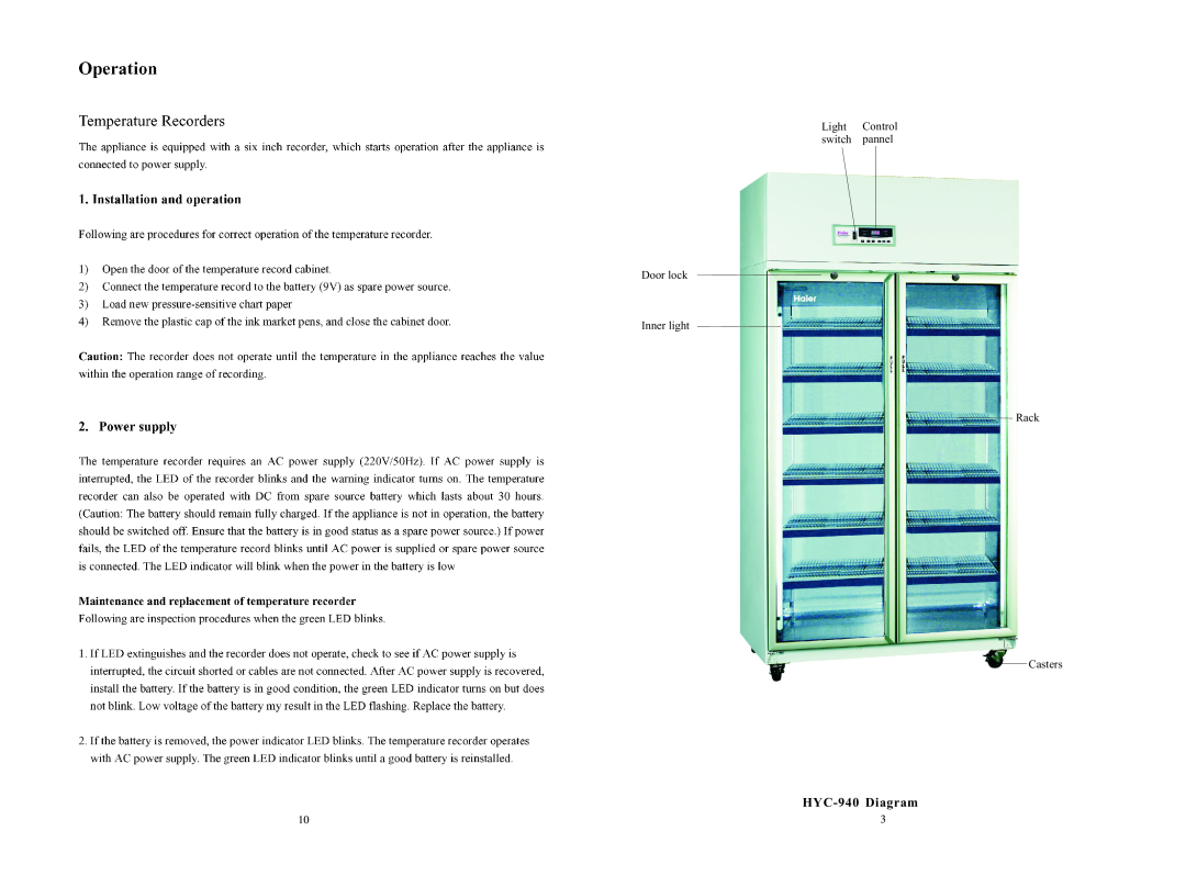 Haier HYC-580 operation manual HYC-940 Diagram, Light Control switch pannel Door lock Inner light Rack Casters 
