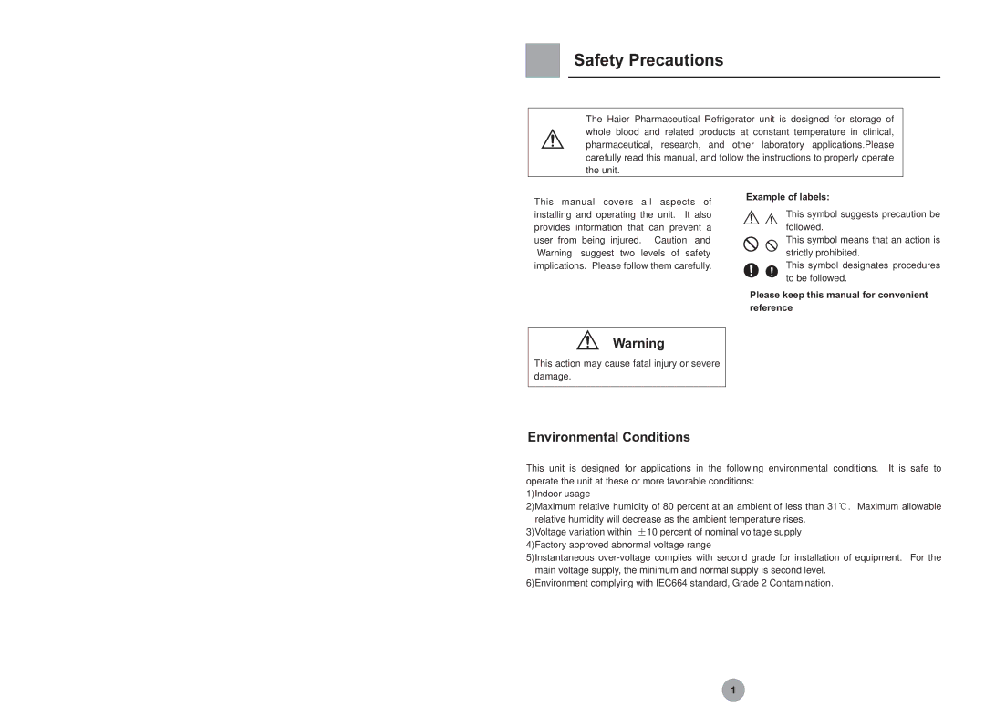 Haier HYC-610 operation manual Safety Precautions, Example of labels 