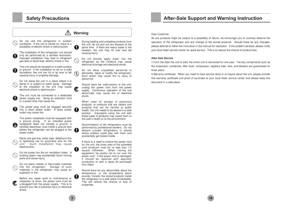 Haier HYC-610 operation manual Dear Customer, After Sale Service 