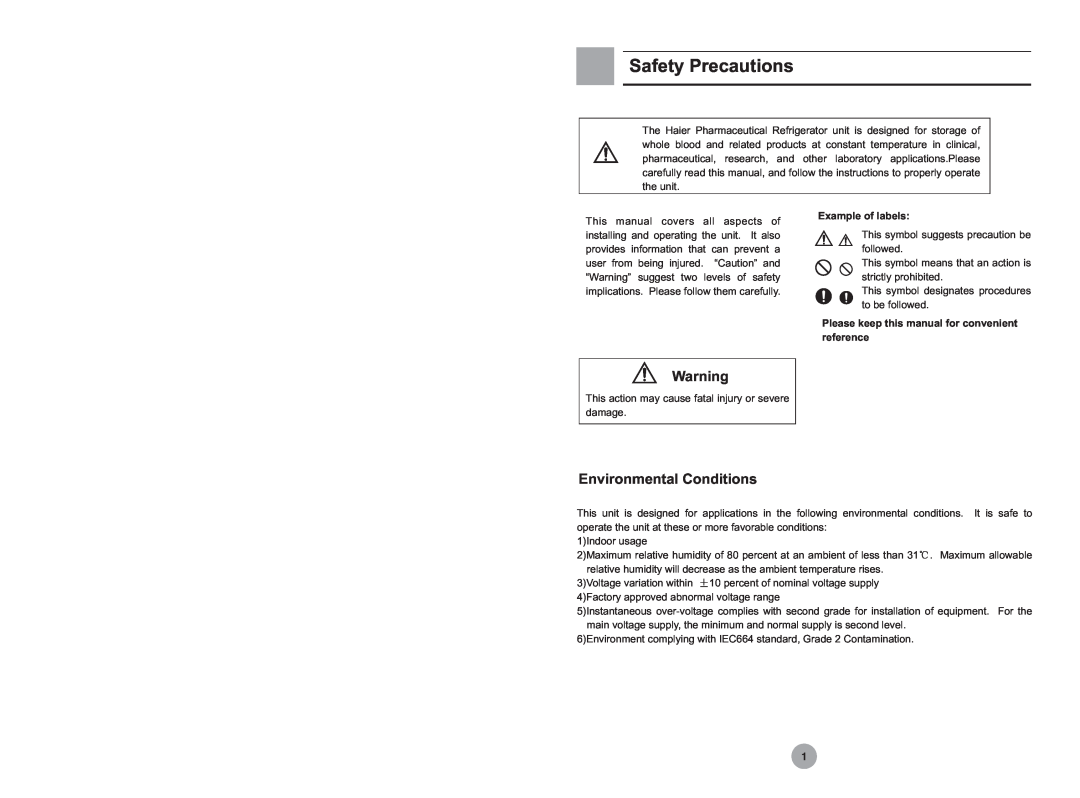 Haier HYC-610 operation manual Safety Precautions, Environmental Conditions, Example of labels 