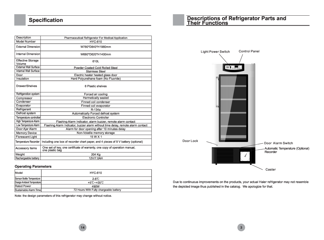 Haier HYC-610 operation manual Specification, Descriptions of Refrigerator Parts and, Their Functions, Operating Parameters 