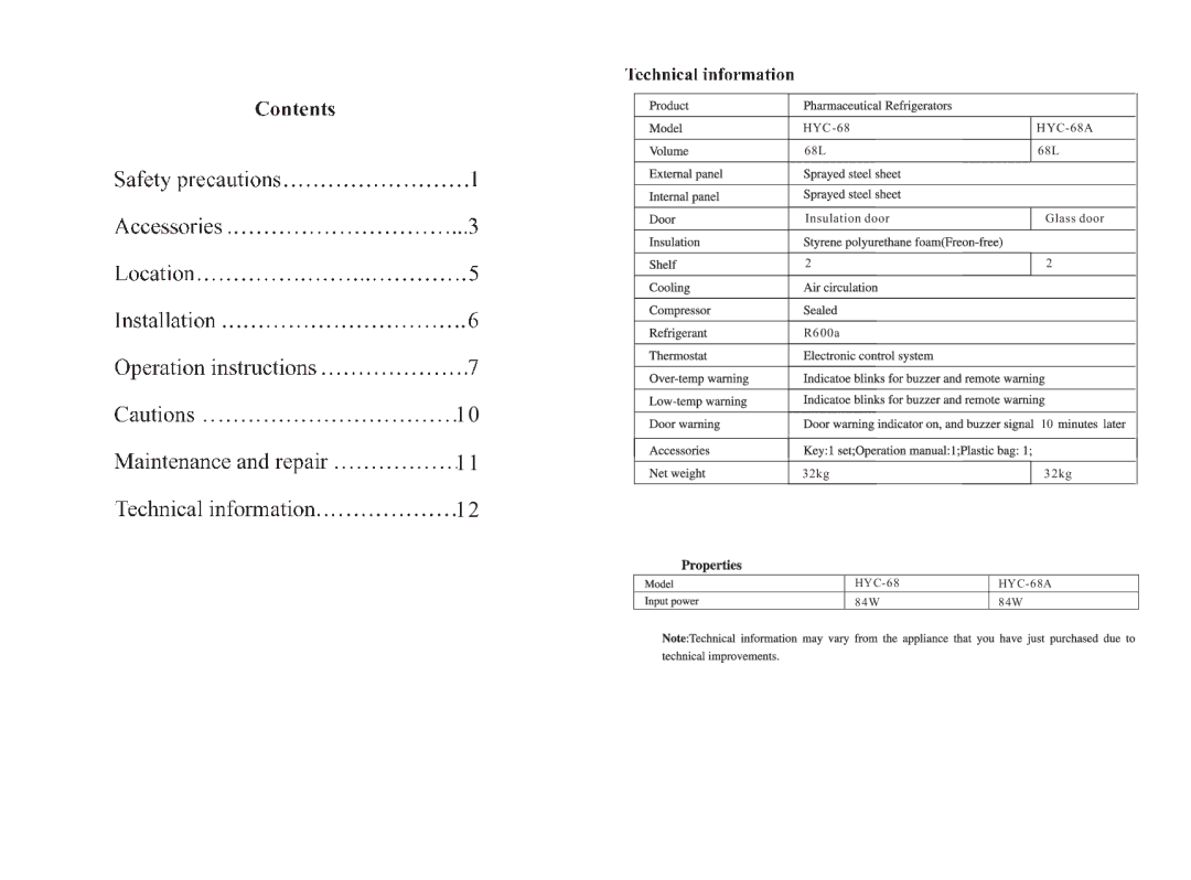 Haier HYC-68/68A operation manual HYC-68 HYC-68A 68L Insulation door Glass door R600a 32kg 