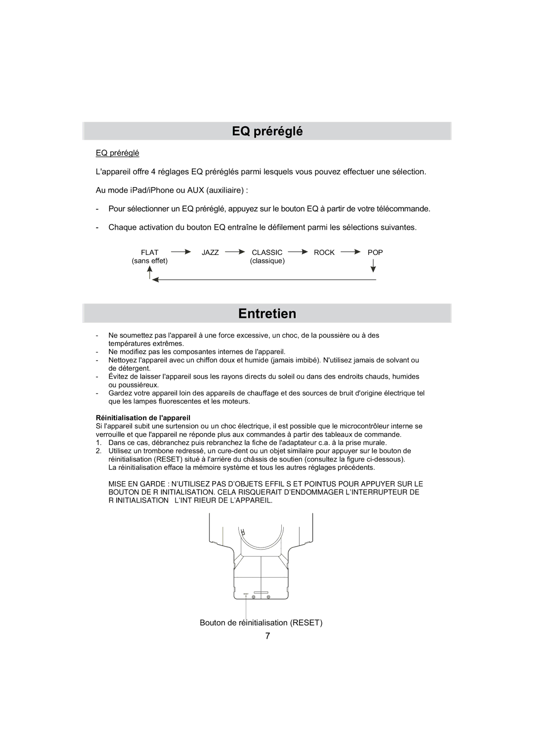 Haier IPD-01 manual Entretien, EQ préréglé 