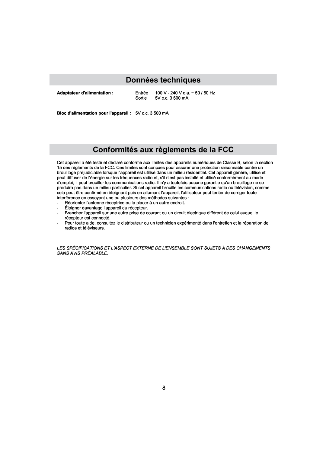 Haier IPD-01 manual Données techniques, Conformités aux règlements de la FCC, Adaptateur dalimentation 