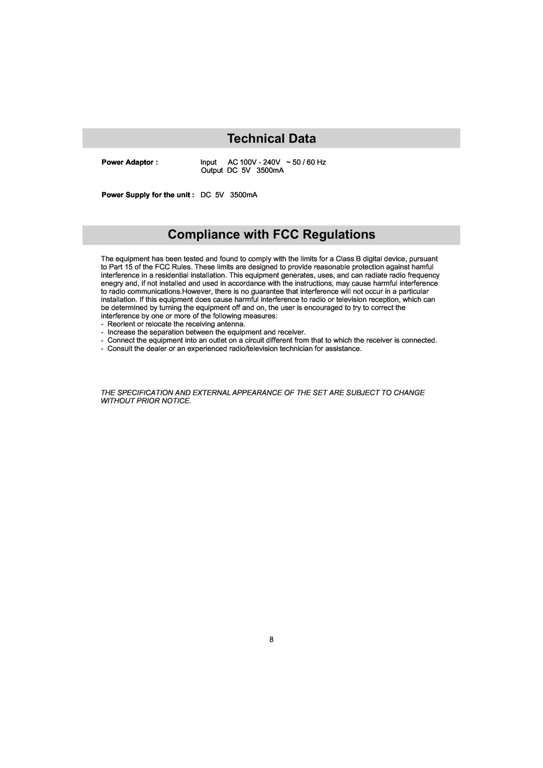 Haier IPD-01 manual Technical Data, Compliance with FCC Regulations, Power Adaptor 