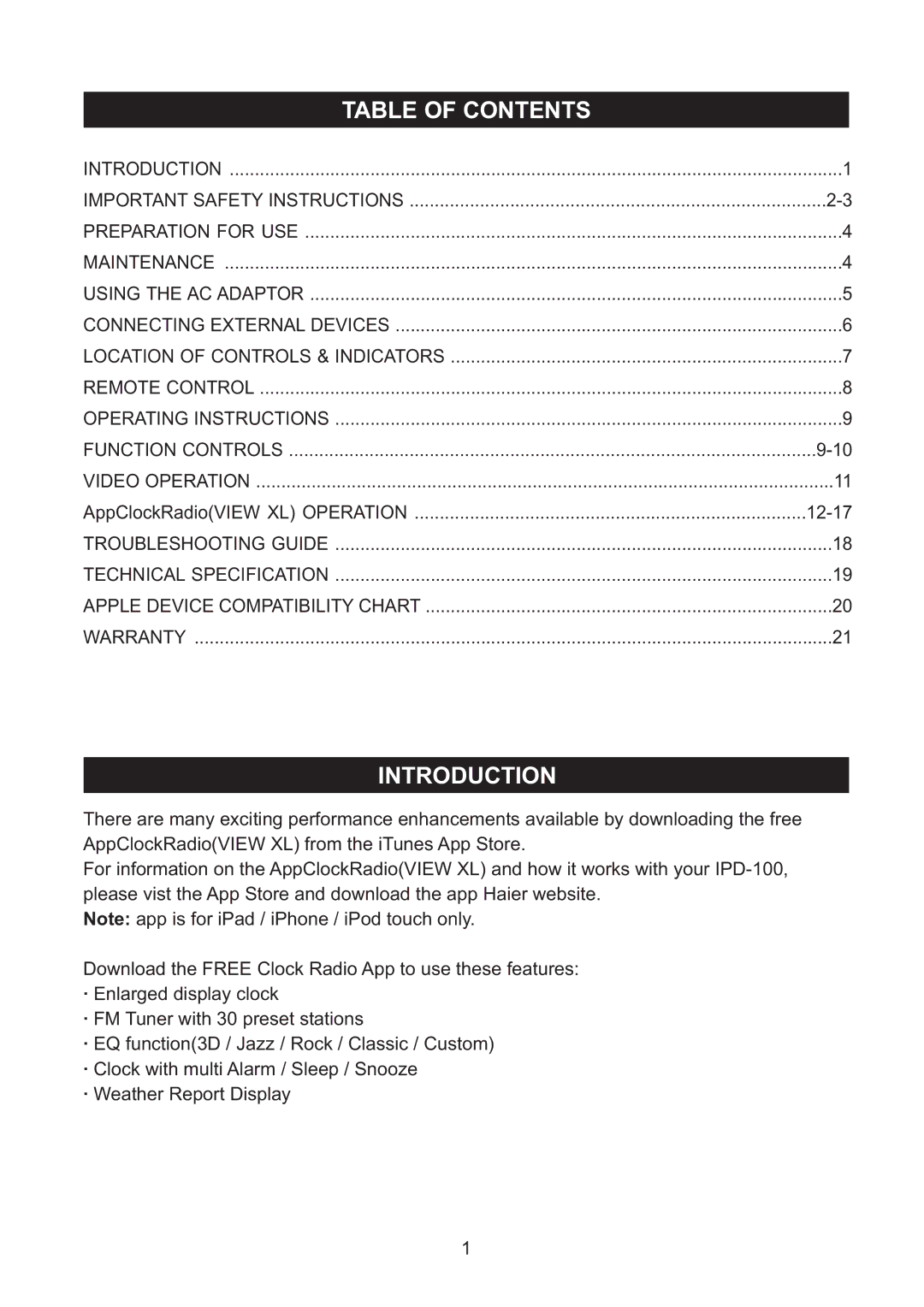 Haier IPD-100 manual Table of Contents, Introduction 