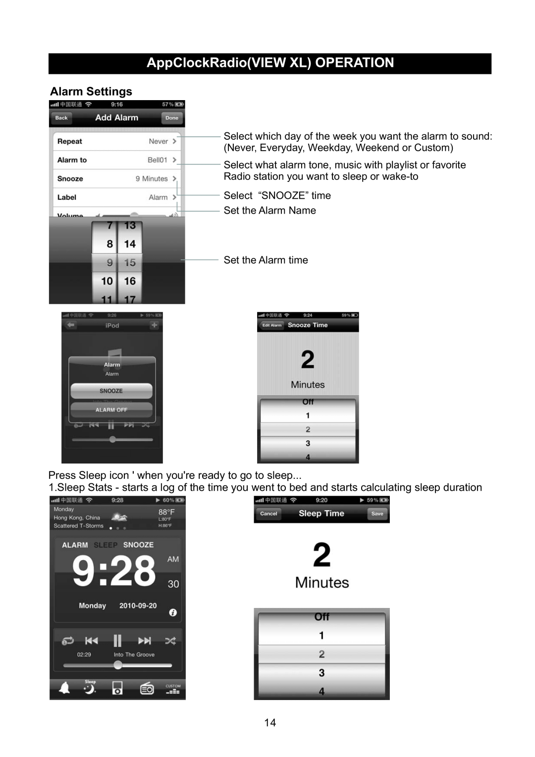 Haier IPD-100 manual Alarm Settings, AppClockRadioVIEW XL OPERATION, Press Sleep icon when youre ready to go to sleep 