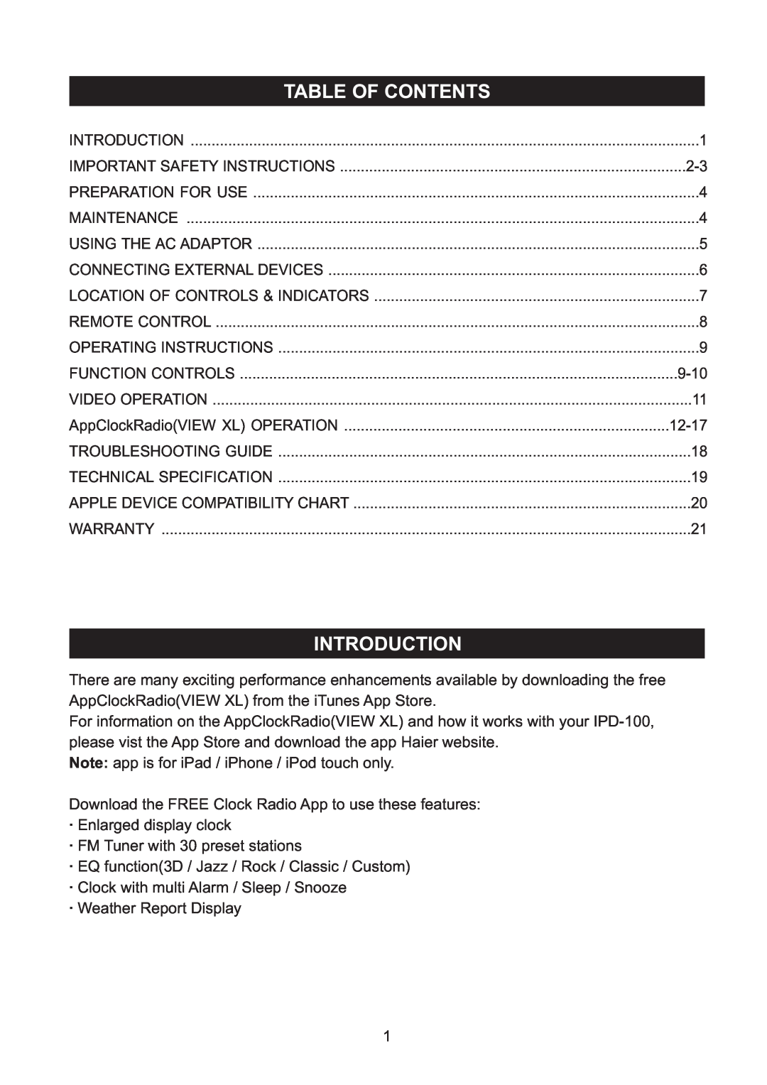 Haier IPD-100 manual Table Of Contents, Introduction 