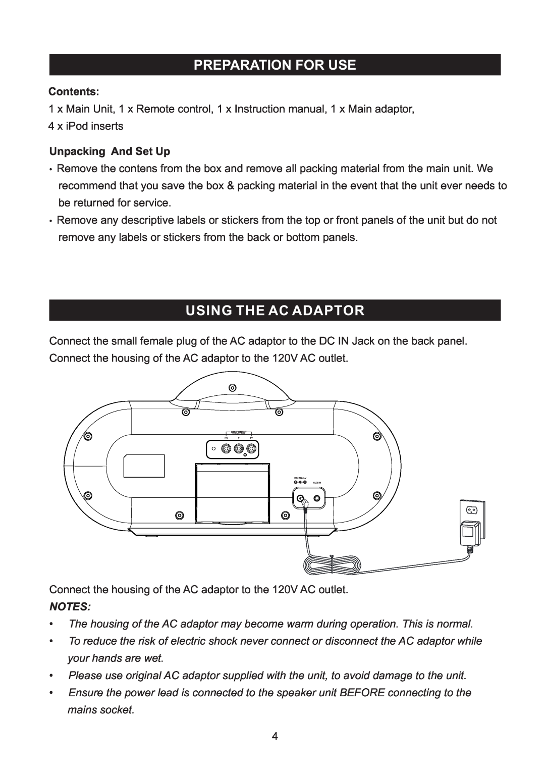 Haier IPDS-10 user manual Preparation For Use, Using The Ac Adaptor, Contents, Unpacking And Set Up 