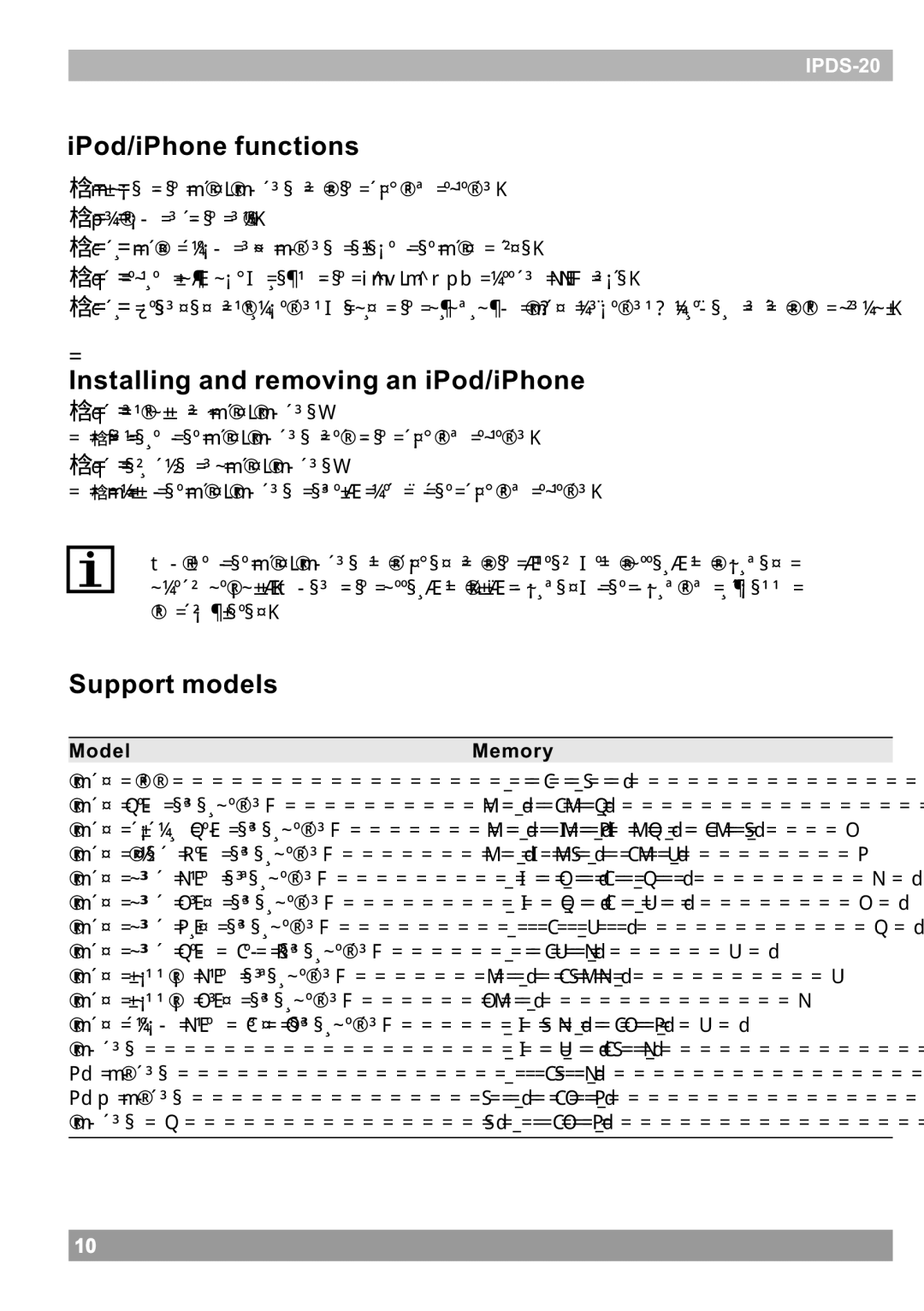 Haier IPDS-20 user manual IPod/iPhone functions, Installing and removing an iPod/iPhone, Support models, Model Memory 