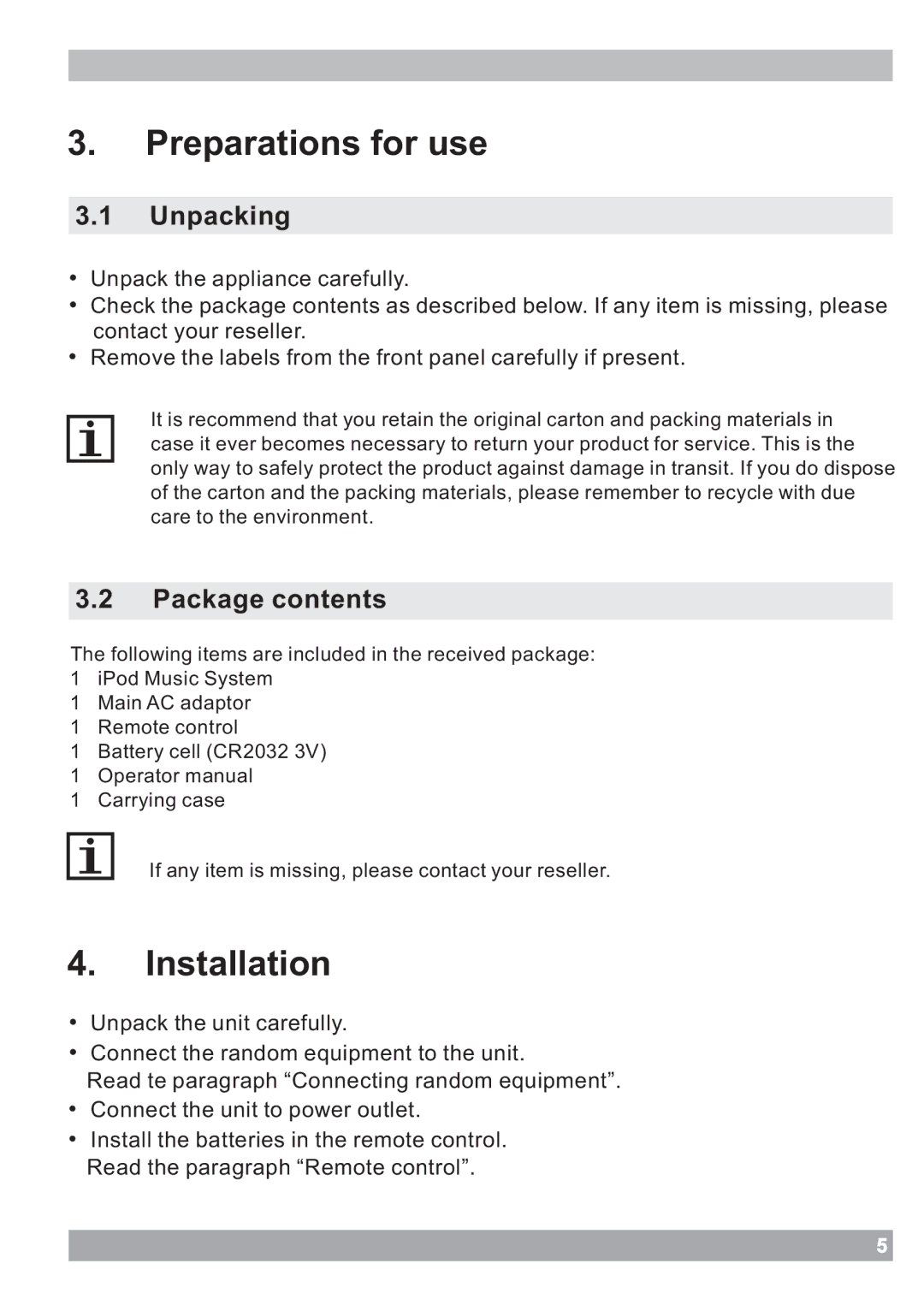 Haier IPDS-20 user manual Preparations for use, Installation, Unpacking, Package contents 