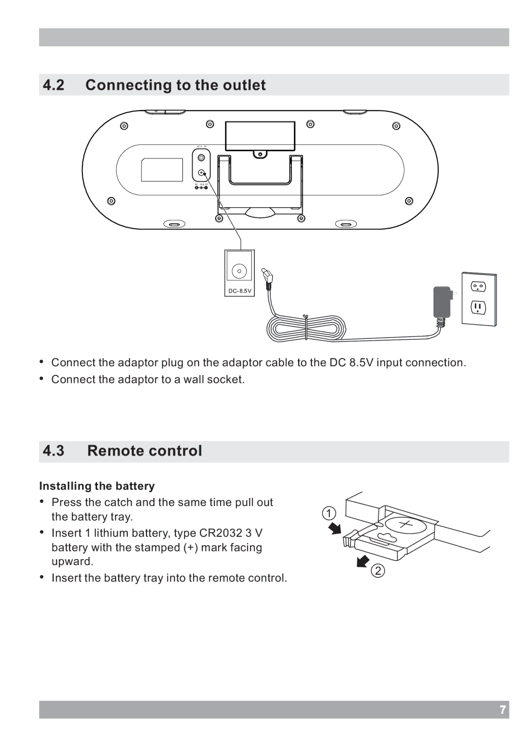 Haier IPDS-20 user manual Connecting to the outlet, Remote control, Installing the battery 