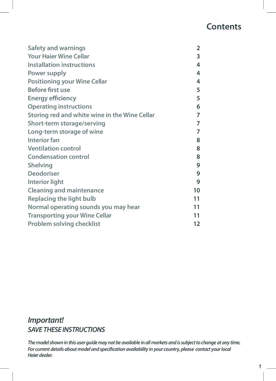 Haier JC-160GD, JC-110GD manual Contents 