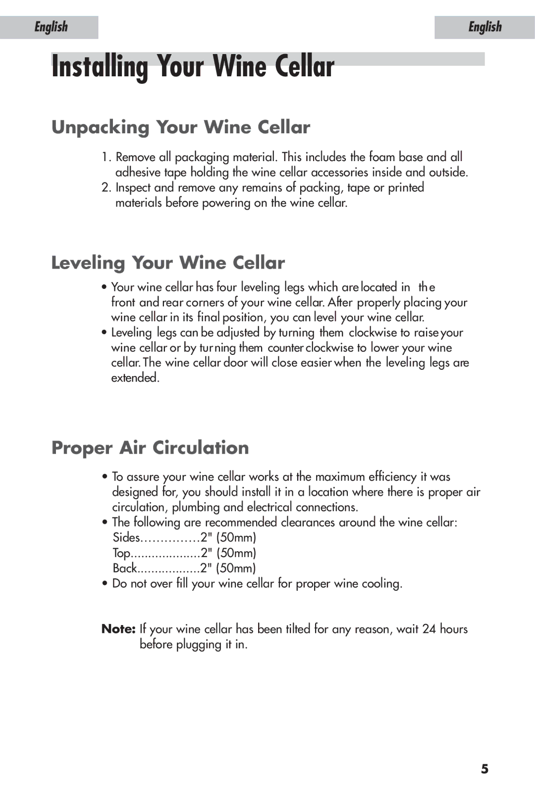 Haier JC-110GD user manual Unpacking Your Wine Cellar, Leveling Your Wine Cellar, Proper Air Circulation 