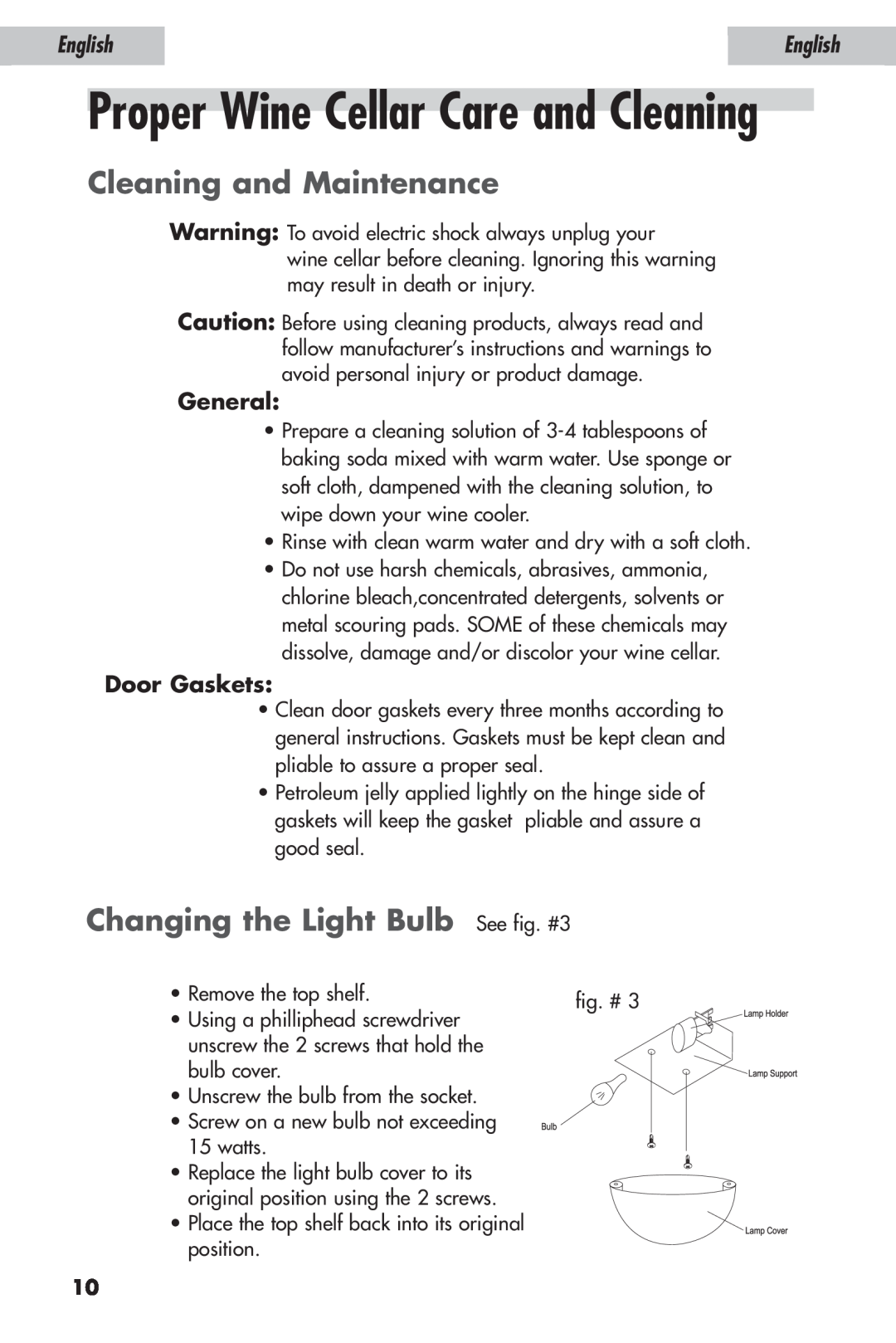 Haier JC-110GD user manual Cleaning and Maintenance, Changing the Light Bulb See fig. #3, General, Door Gaskets, English 