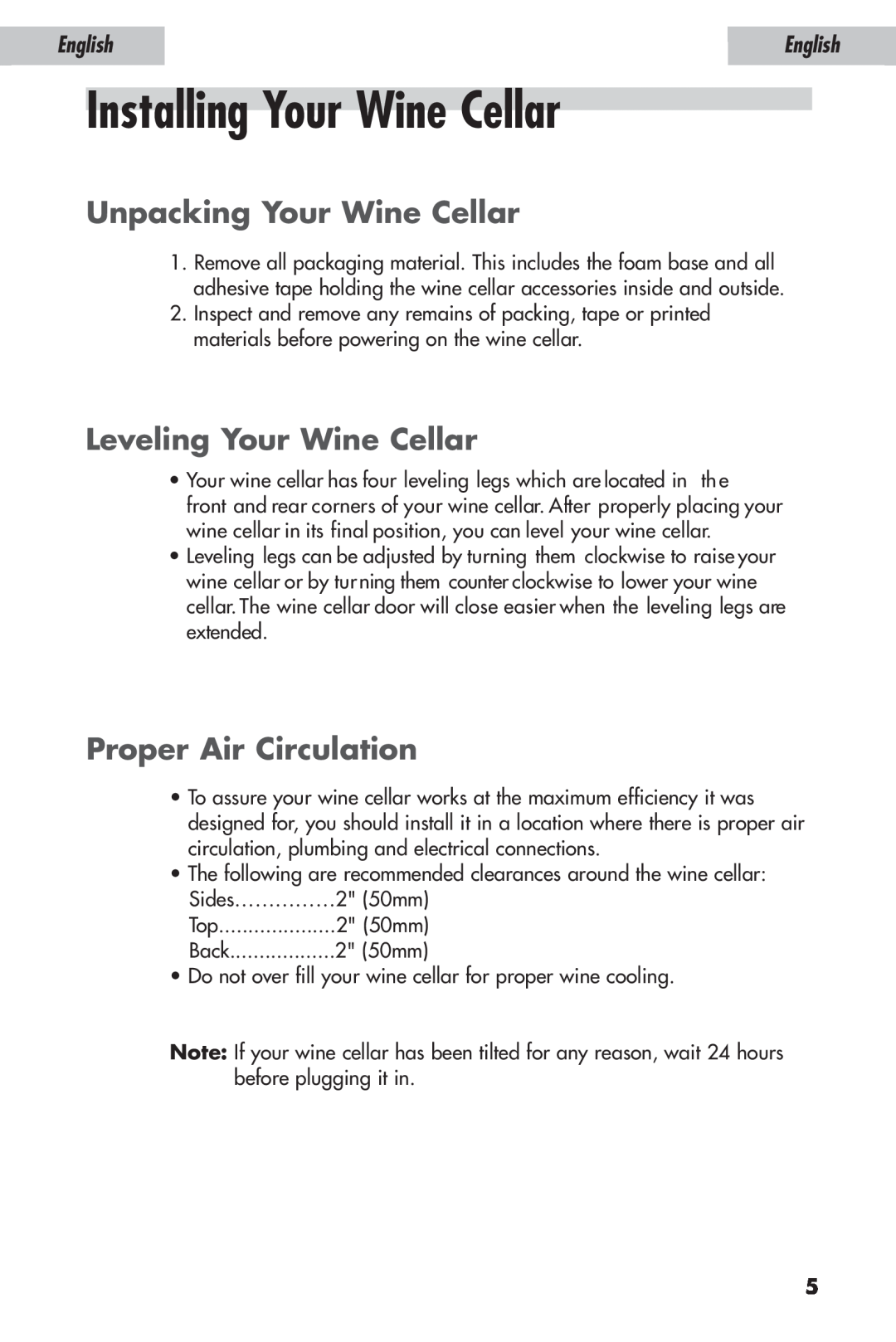 Haier JC-110GD Installing Your Wine Cellar, Unpacking Your Wine Cellar, Leveling Your Wine Cellar, Proper Air Circulation 