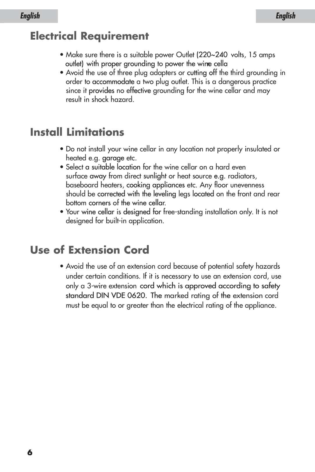 Haier JC-110GD user manual Electrical Requirement, Install Limitations, Use of Extension Cord, English 