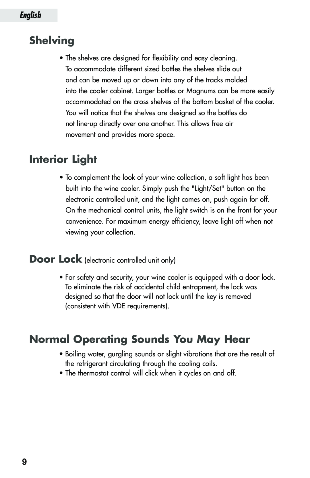 Haier JC-112GA, JC-152GA, JC-82GA manual Shelving, Interior Light, Normal Operating Sounds You May Hear, English 