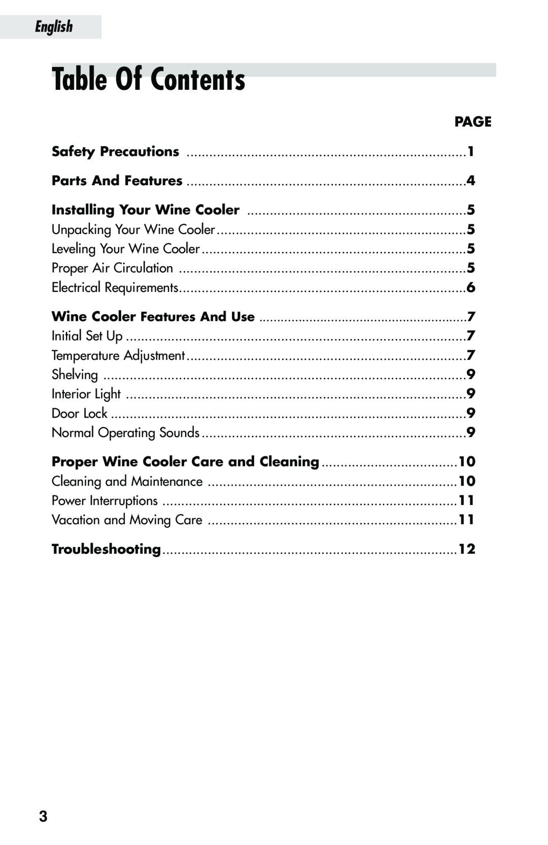 Haier JC-152GA, JC-112GA, JC-82GA manual Table Of Contents, Page, English 