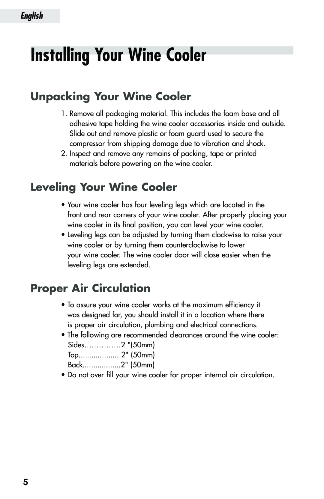 Haier JC-112GA Installing Your Wine Cooler, Unpacking Your Wine Cooler, Leveling Your Wine Cooler, Proper Air Circulation 