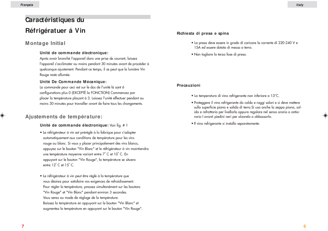 Haier JC-82G user manual Caractéristiques du Réfrigératuer á Vin, Montage Initial, Ajustements de température 