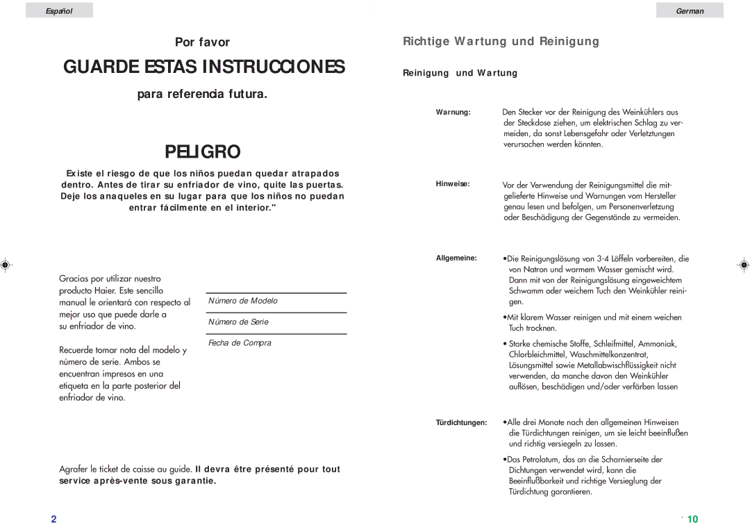 Haier JC-82G user manual Richtige Wartung und Reinigung, Reinigung und Wartung 