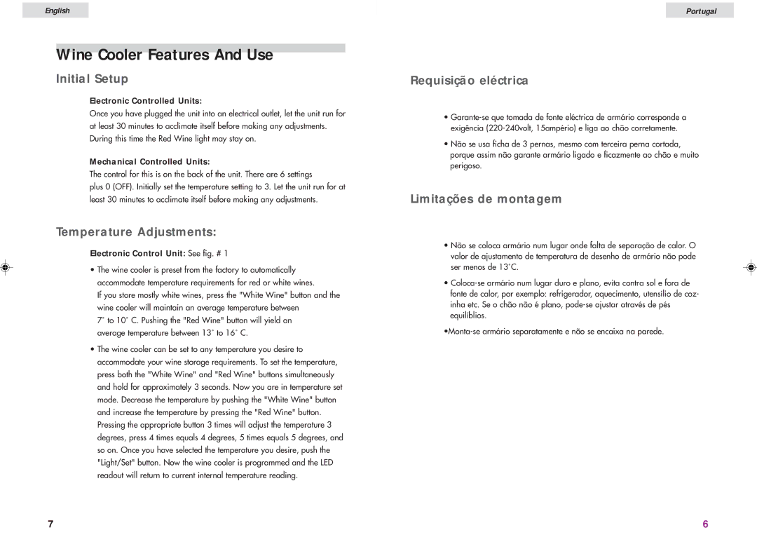 Haier JC-82G user manual Wine Cooler Features And Use, Initial Setup, Temperature Adjustments, Requisição eléctrica 