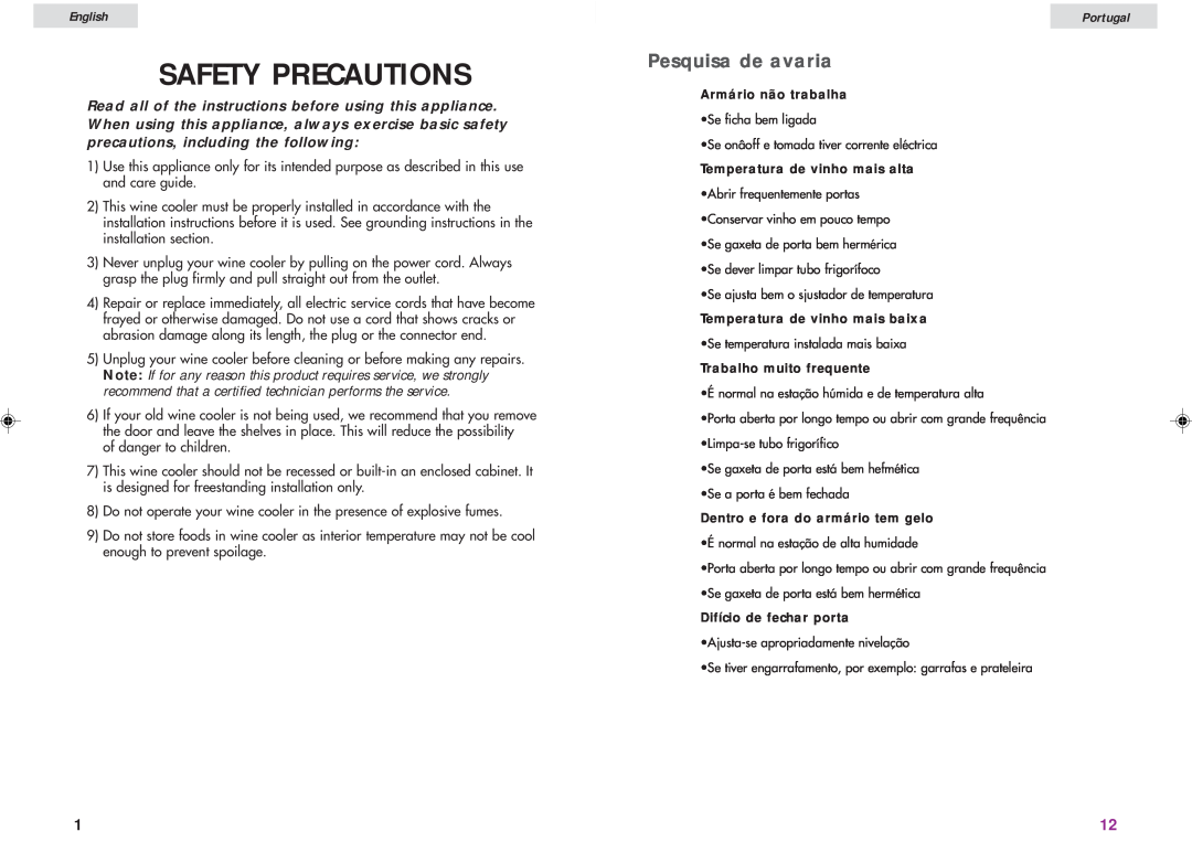 Haier JC-82G user manual Safety Precautions, Pesquisa de avaria, English, Portugal 